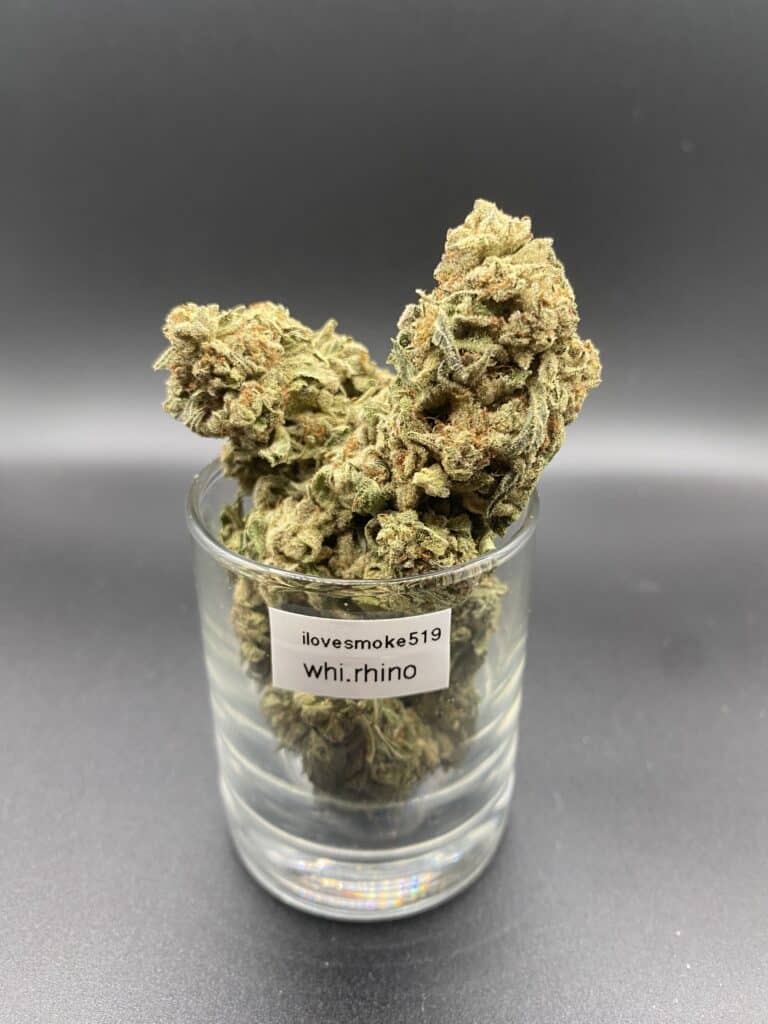 White Rhino indica dominated hybrid dried cannabis flower buds