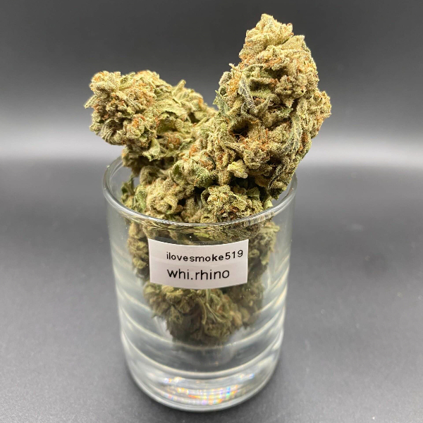 White Rhino indica dominated hybrid dried cannabis flower buds