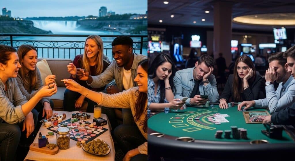Couple enjoying cannabis at home in Niagara Falls instead of going to Casino Niagara