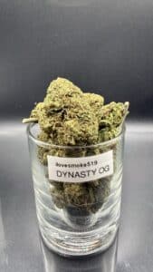 Close-up of Dynastic OG cannabis flower buds showing hand-trimmed structure and natural texture.