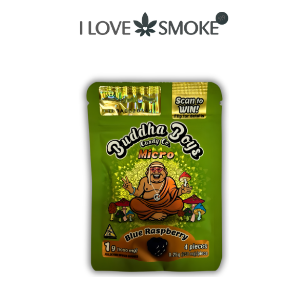 A package of Buddha Boys Psilocybin Micro Gummies 1000mg displayed in its retail packaging with four micro gummies included.